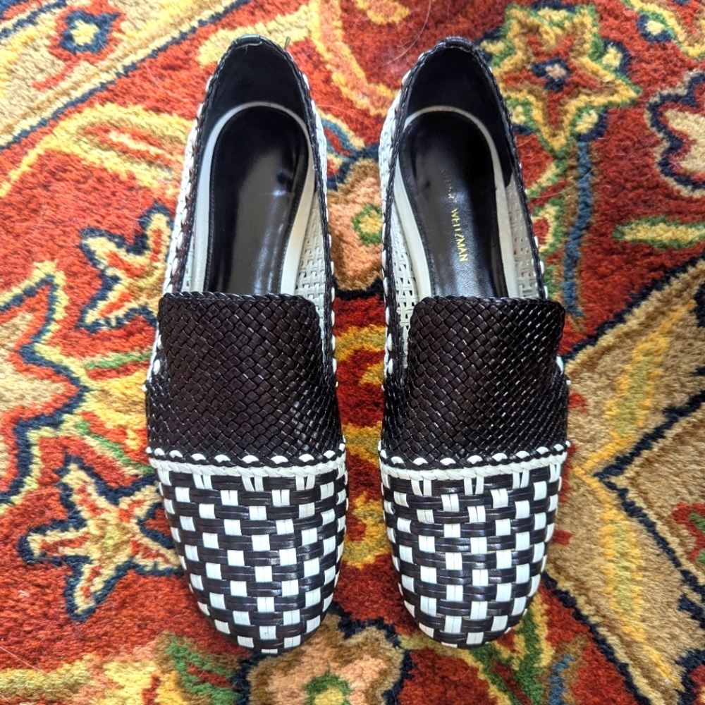 Stuart Weitzman woven 100% leather Rivera smoking slippers black white classic